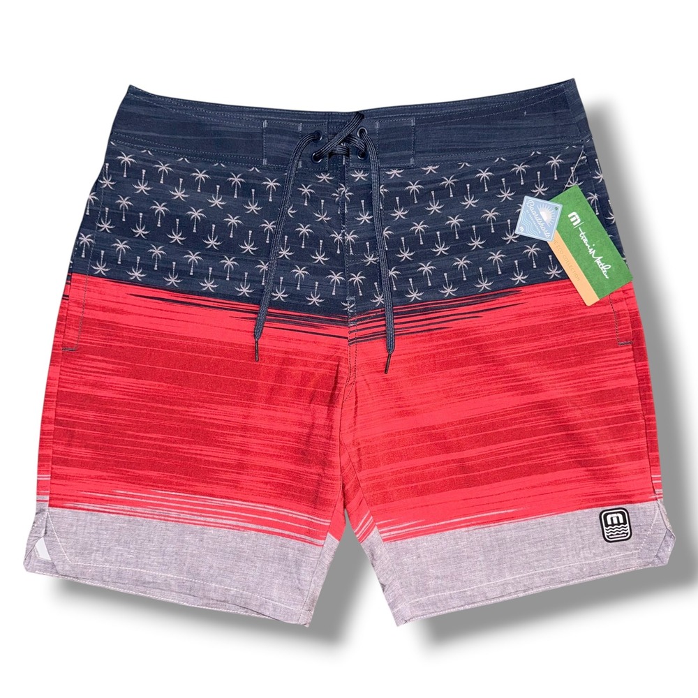 TravisMathew Murica Fun Boardshorts Mens 33 Navy Red Palm Tree 1MY557 Eco